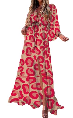 Agiyenna Damen Langarm Maxikleid Beachkleid Flowy Split Kleid mit Gürtel Sommer Langes Casual Blumendruck Kleid Boho Elegant V-Ausschnitt Partykleid Freizeitkleid von Agiyenna