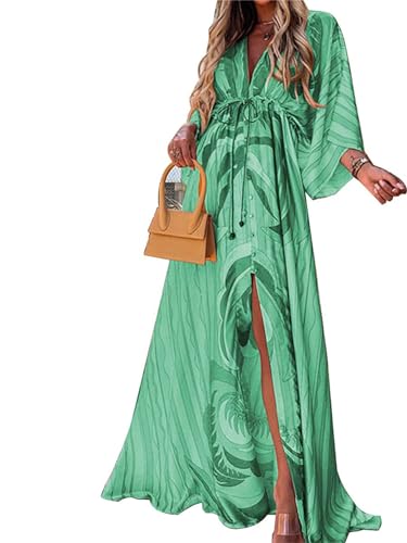 Agiyenna Damen Langarm Maxikleid Beachkleid Flowy Split Kleid mit Gürtel Sommer Langes Casual Blumendruck Kleid Boho Elegant V-Ausschnitt Partykleid Freizeitkleid von Agiyenna