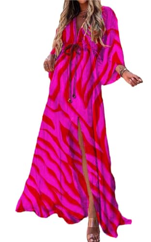 Agiyenna Damen Langarm Maxikleid Beachkleid Flowy Split Kleid mit Gürtel Sommer Langes Casual Blumendruck Kleid Boho Elegant V-Ausschnitt Partykleid Freizeitkleid von Agiyenna