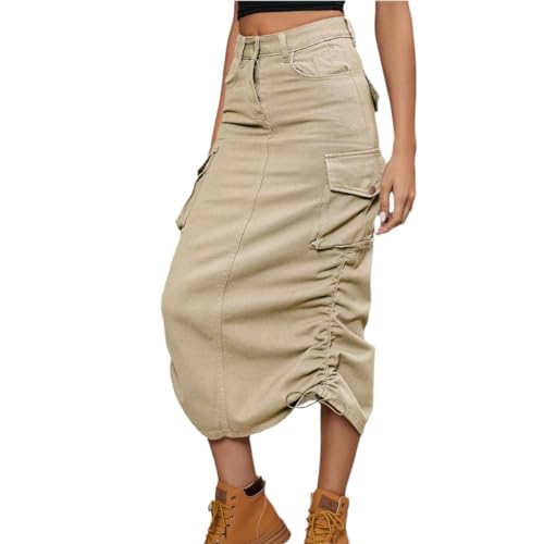 Agiyenna Damen Midirock Jeansrock Stretch Cargorock mit Kordelzug Hoch Taillierter Jeansrock in A-Linie Denim Bleistiftrock mit Taschen Y2K Jeansrock für Damen von Agiyenna