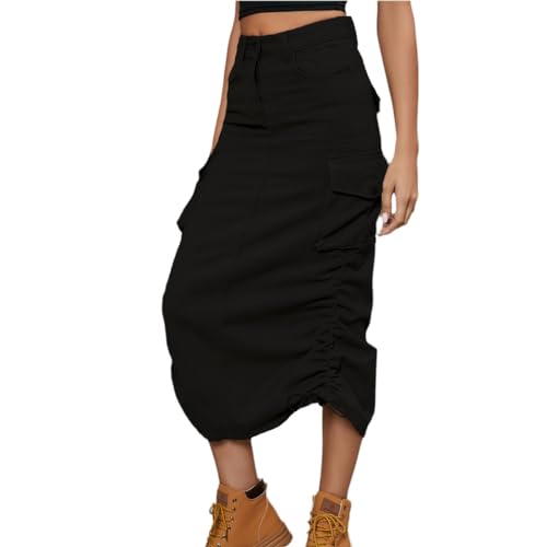 Agiyenna Damen Midirock Jeansrock Stretch Cargorock mit Kordelzug Hoch Taillierter Jeansrock in A-Linie Denim Bleistiftrock mit Taschen Y2K Jeansrock für Damen von Agiyenna