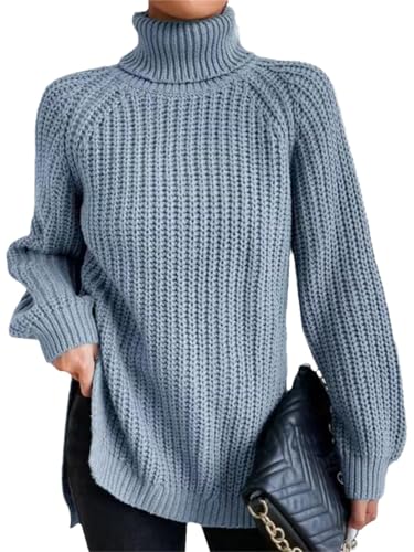Agiyenna Damen Mode Freizeit Strickpullover Einfarbig Elegant Gerippter Rollkragenpullover Herbst Winter Langarm Loose Casual Pullover Klassischer Stretch Warmer Pullover Sweater Streetwear von Agiyenna