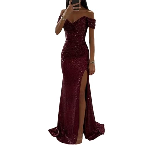 Agiyenna Damen Off Shoulder Pailletten Maxikleid Trägerlos Sexy V-Ausschnitt Abendkleid mit Hohem Schlitz Elegant Bodycon Glitzer Partykleid Ärmellos Einfarbig Lang Brautjungfernkleider von Agiyenna
