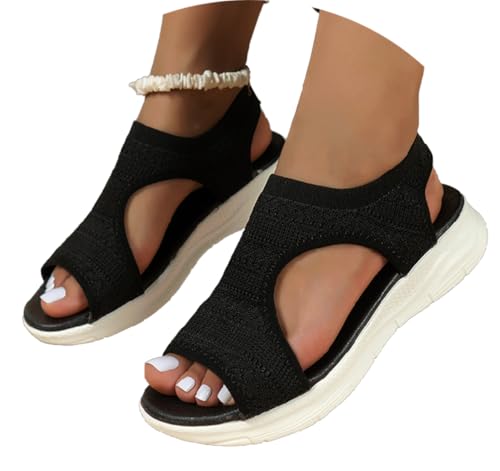 Agiyenna Damen Orthopädische Sandalen Elegante Plateausandalen Einfarbige Offene Sandalen für Breite Füße Weiche Fußbett Waschbar Lüftende Freizeitsandalen Strick Sommerschuhe mit Ausschnitt von Agiyenna