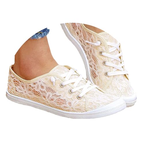 Agiyenna Damen Outdoor Sneakers mit Schnürung und Spitzeneinsätzen Mode Slip-On Flache Turnschuhe für Sommer Atmungsaktiv und Elegant Uni-Farbe Freizeit Leichte Segeltuchschuhe von Agiyenna