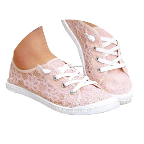 Agiyenna Damen Outdoor Sneakers mit Schnürung und Spitzeneinsätzen Mode Slip-On Flache Turnschuhe für Sommer Atmungsaktiv und Elegant Uni-Farbe Freizeit Leichte Segeltuchschuhe von Agiyenna