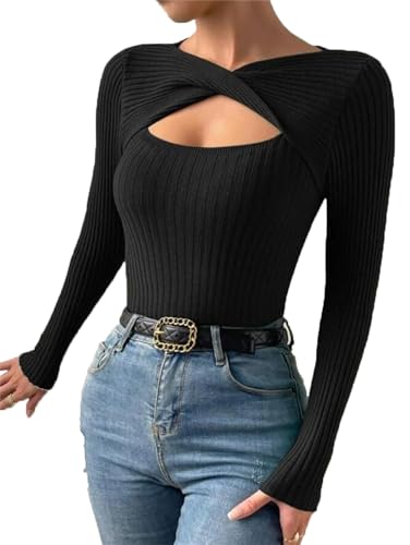 Agiyenna Damen Pullover Einfarbige Sweatshirt Enger Warm Elegant Sexy Pullover Casual Bottom Shirt Mode Strickpullover mit Einzigartigen Designs Crossover Streifenpullover Langarmshirt von Agiyenna