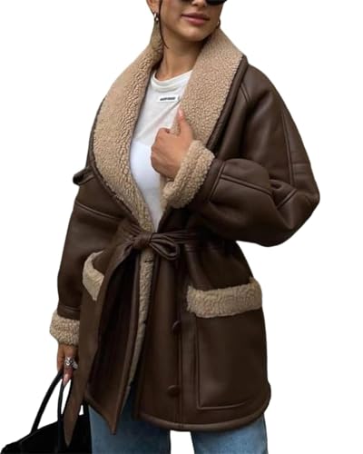 Agiyenna Damen Revers Trenchcoat Elegante Knöpfe Mantel Langarm Wollmantel Kunstlederjacke mit Gürtel Plüsch Mantel mit Taschen Lang Wintermantel Einfarbige Lässige Übergangsjacke Steppmantel von Agiyenna