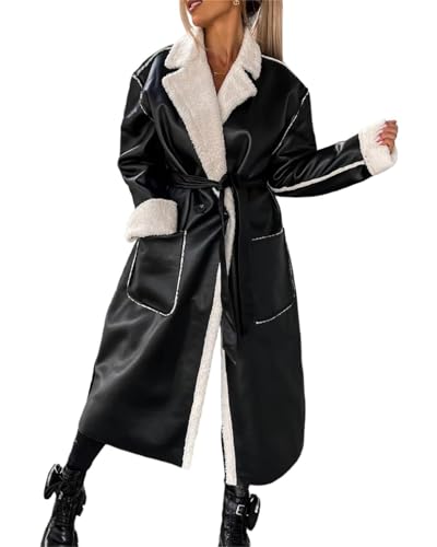 Agiyenna Damen Revers Trenchcoat Elegante Knöpfe Mantel Langarm Wollmantel Kunstlederjacke mit Gürtel Plüsch Mantel mit Taschen Lang Wintermantel Einfarbige Lässige Übergangsjacke Steppmantel von Agiyenna