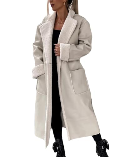 Agiyenna Damen Revers Trenchcoat Elegante Knöpfe Mantel Langarm Wollmantel Kunstlederjacke mit Gürtel Plüsch Mantel mit Taschen Lang Wintermantel Einfarbige Lässige Übergangsjacke Steppmantel von Agiyenna