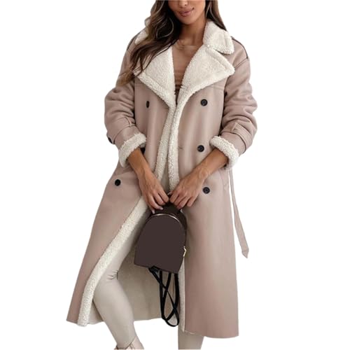 Agiyenna Damen Revers Trenchcoat Elegante Knöpfe Mantel Langarm Wollmantel Kunstlederjacke mit Gürtel Plüsch Mantel mit Taschen Lang Wintermantel Einfarbige Lässige Übergangsjacke Steppmantel von Agiyenna