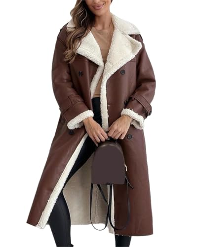 Agiyenna Damen Revers Trenchcoat Elegante Knöpfe Mantel Langarm Wollmantel Kunstlederjacke mit Gürtel Plüsch Mantel mit Taschen Lang Wintermantel Einfarbige Lässige Übergangsjacke Steppmantel von Agiyenna