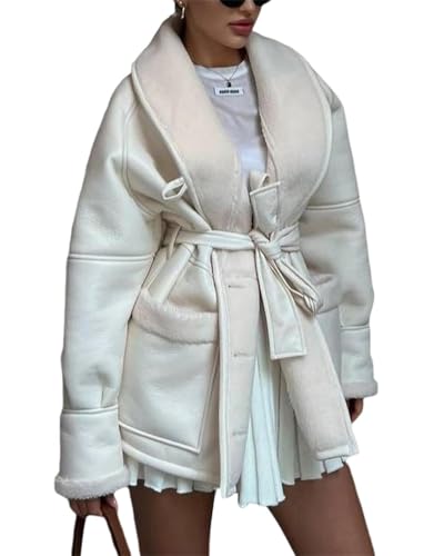 Agiyenna Damen Revers Trenchcoat Elegante Knöpfe Mantel Langarm Wollmantel Kunstlederjacke mit Gürtel Plüsch Mantel mit Taschen Lang Wintermantel Einfarbige Lässige Übergangsjacke Steppmantel von Agiyenna