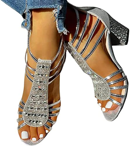 Agiyenna Damen Sandalen Strass Schnalle Offene Zehen Sandalen mit Dickem Absatz rutschfeste Sommerschuhe Damen Freizeit Zehentrenner Elegant High Heels Abendschuhe Lässige Sandaletten von Agiyenna