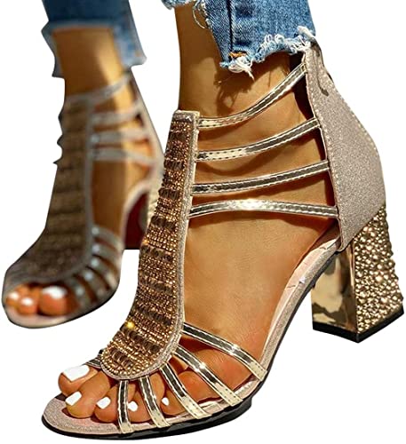 Agiyenna Damen Sandalen Strass Schnalle Offene Zehen Sandalen mit Dickem Absatz rutschfeste Sommerschuhe Damen Freizeit Zehentrenner Elegant High Heels Abendschuhe Lässige Sandaletten von Agiyenna