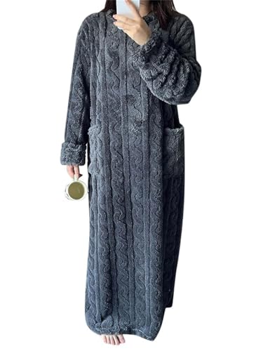Agiyenna Damen Saunamantel Einfarbiger Bademantel mit Rundhalsausschnitt Elegante Loungewear mit Taschen Langarm Pullover Bademantel Flauschiger Plüschpyjama Lässiger Langer Warme Winterbademantel von Agiyenna