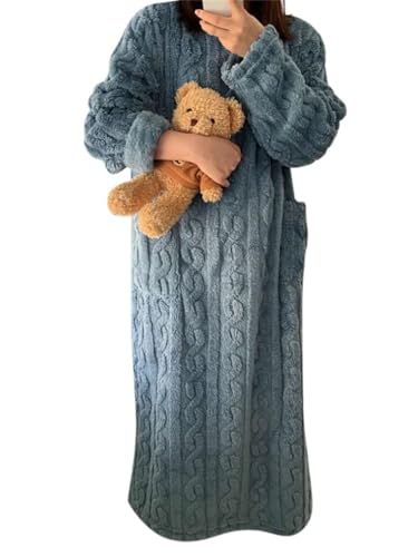 Agiyenna Damen Saunamantel Einfarbiger Bademantel mit Rundhalsausschnitt Elegante Loungewear mit Taschen Langarm Pullover Bademantel Flauschiger Plüschpyjama Lässiger Langer Warme Winterbademantel von Agiyenna