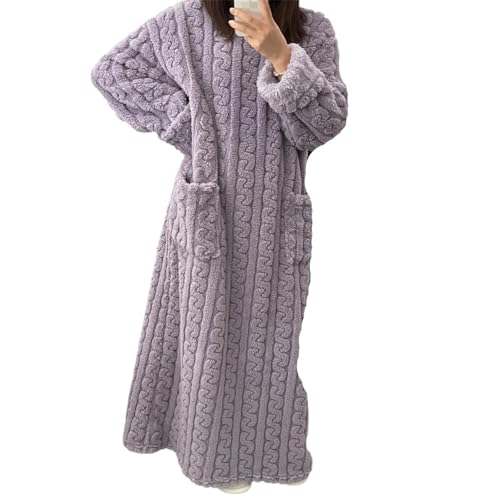 Agiyenna Damen Saunamantel Einfarbiger Bademantel mit Rundhalsausschnitt Elegante Loungewear mit Taschen Langarm Pullover Bademantel Flauschiger Plüschpyjama Lässiger Langer Warme Winterbademantel von Agiyenna