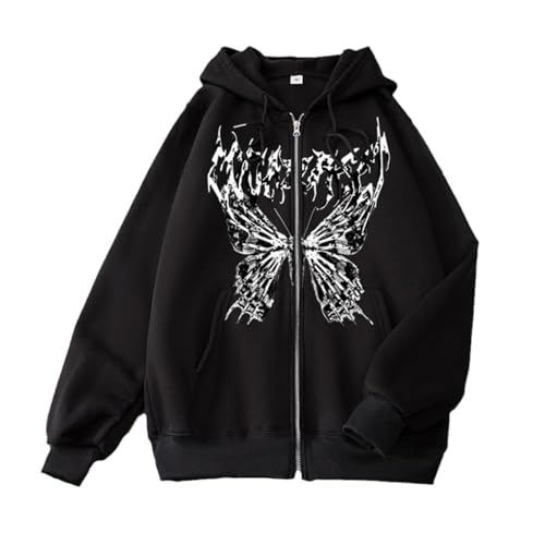 Agiyenna Damen Schmetterling Drucken Zip Up Hoodie Y2K Gothic Lose Kapuzenpullover mit Tasche Punk Freizeit Einfarbig Sweatjacke mit Reißverschluss Casual Retro Hip-Hop Streetwear von Agiyenna