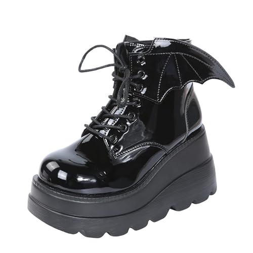 Agiyenna Damen Schnürschuh Plateau Gothic Stiefeletten Blockabsatz Punk Stiefel Flache Ankle Boots Lackleder Chunky Schuhe Biker Boots Hohe Stiefel mit Spinnennetzmuster Fledermausflügel von Agiyenna