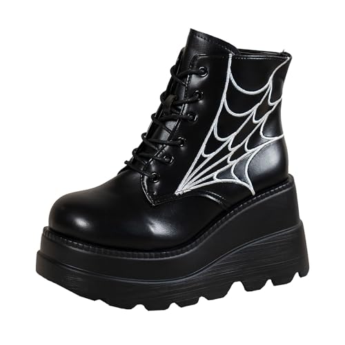 Agiyenna Damen Schnürschuh Plateau Gothic Stiefeletten Blockabsatz Punk Stiefel Flache Ankle Boots Lackleder Chunky Schuhe Biker Boots Hohe Stiefel mit Spinnennetzmuster Fledermausflügel von Agiyenna