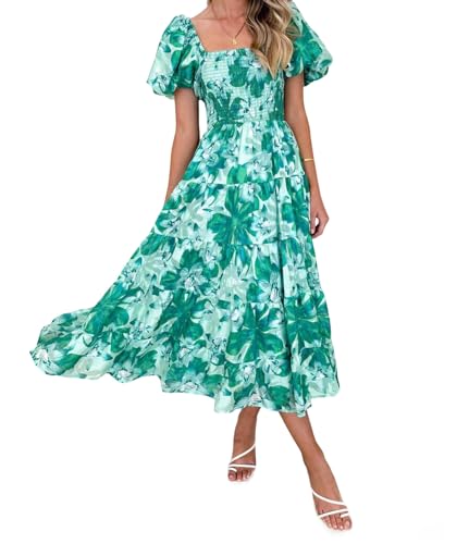 Agiyenna Damen Sommer Strandkleid Boho Blumendruck Kurzarm Schulterfrei Midi Elegant Kleid Sexy Rückenfreies Puffärmel Freizeit Kleid RüSchen Hohe Taille A-Linie Mode Langkleid von Agiyenna