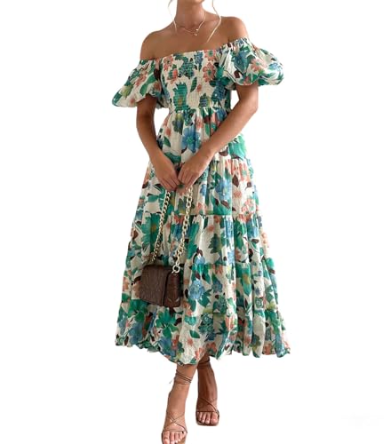 Agiyenna Damen Sommer Strandkleid Boho Blumendruck Kurzarm Schulterfrei Midi Elegant Kleid Sexy Rückenfreies Puffärmel Freizeit Kleid RüSchen Hohe Taille A-Linie Mode Langkleid von Agiyenna