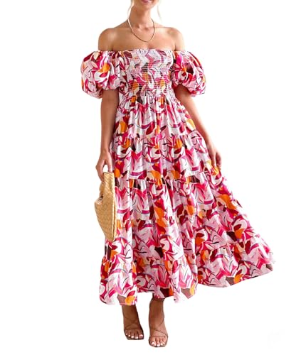 Agiyenna Damen Sommer Strandkleid Boho Blumendruck Kurzarm Schulterfrei Midi Elegant Kleid Sexy Rückenfreies Puffärmel Freizeit Kleid RüSchen Hohe Taille A-Linie Mode Langkleid von Agiyenna