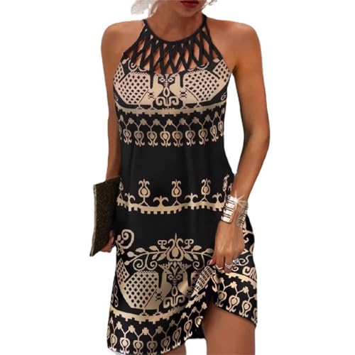 Agiyenna Damen Sommerkleid Ärmellos Rundhals Casual Minikleid Elegant Neckholder Blumenkleider Blumendruck Leichte Kurze Freizeitkleid Boho Strandkleid Schlank Hohe Taille Kleider von Agiyenna