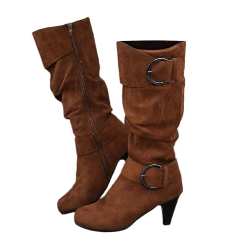 Agiyenna Damen Stiefel Einfarbig Freizeitstiefel mit Seitlicher Reißverschluss Winterstiefel Plateaustiefel mit Hohem Absatz Lange Stiefel Schnalle Stiefel Blockabsatz Stiefel Outdoor Stiefel von Agiyenna