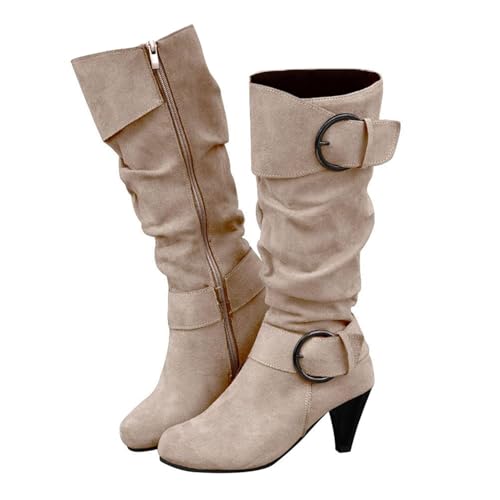 Agiyenna Damen Stiefel Einfarbig Freizeitstiefel mit Seitlicher Reißverschluss Winterstiefel Plateaustiefel mit Hohem Absatz Lange Stiefel Schnalle Stiefel Blockabsatz Stiefel Outdoor Stiefel von Agiyenna