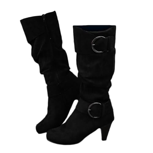 Agiyenna Damen Stiefel Einfarbig Freizeitstiefel mit Seitlicher Reißverschluss Winterstiefel Plateaustiefel mit Hohem Absatz Lange Stiefel Schnalle Stiefel Blockabsatz Stiefel Outdoor Stiefel von Agiyenna