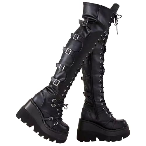 Agiyenna Damen Stiefel Punk Winterstiefel Gothic Overknee Plateaustiefel Reißverschluss Zipper Chunky Motorrad Stiefel Long Boots Winter Boots von Agiyenna