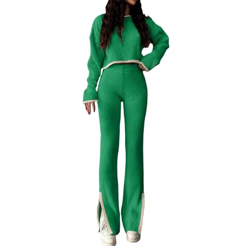 Agiyenna Damen Strick Set Rundhals Strick Pullover Oberteil Weites Bein Hose mit Schlitz Sportanzug Stück Jogginganzug Herbst Winter Hausanzug Elegantes Einfarbig Freizit Loungewear Set von Agiyenna