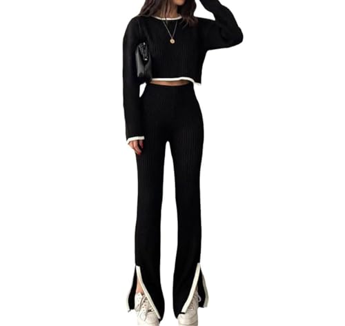 Agiyenna Damen Strick Set Rundhals Strick Pullover Oberteil Weites Bein Hose mit Schlitz Sportanzug Stück Jogginganzug Herbst Winter Hausanzug Elegantes Einfarbig Freizit Loungewear Set von Agiyenna