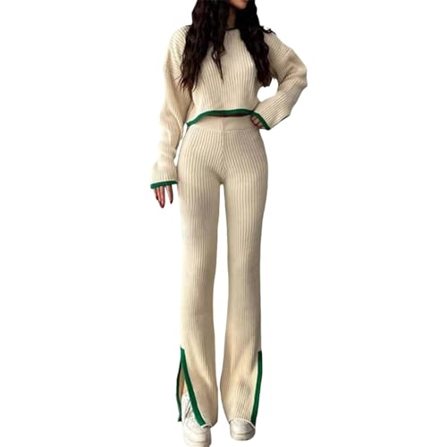 Agiyenna Damen Strick Set Rundhals Strick Pullover Oberteil Weites Bein Hose mit Schlitz Sportanzug Stück Jogginganzug Herbst Winter Hausanzug Elegantes Einfarbig Freizit Loungewear Set von Agiyenna