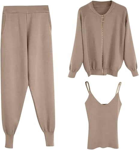 Agiyenna Damen Strickanzug Set 3 Teilig Pullover Tank Top und Strickjacke und Hosen Trainingsanzug Outfit Sets Jogginganzug mit Taschen Solid Freizeitanzug von Agiyenna