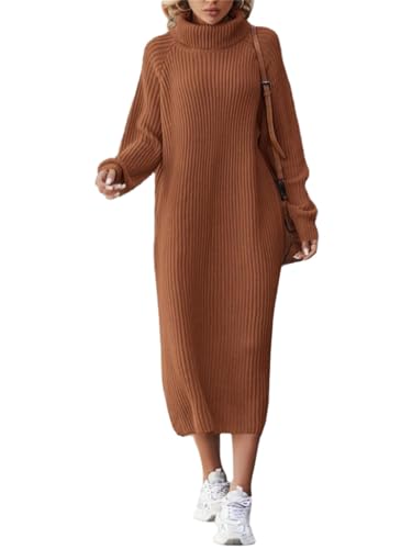 Agiyenna Damen Strickkleid Elastischer Kleid Elegantes Lockeres Strickkleid Einfarbige Kleid Winterkleid mit Rollkragen Warmes Pulloverkleid Maxikleid Lässige Langarm Kleid von Agiyenna