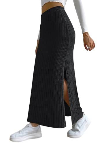 Agiyenna Damen Strickrock Maxirock mit Schlitz Hohe Taille A-Linie Lange Röcke Elegant Rippstrick Freizeitrock Elastischer Strertchy Gestrickt Röcke von Agiyenna