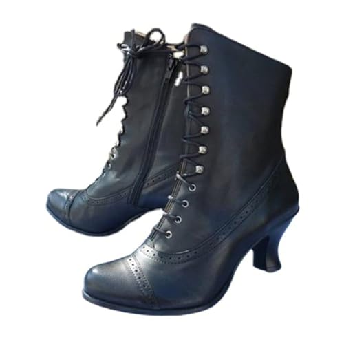 Agiyenna Damen Viktorianische Stiefel Spitz Stiefeletten Gothic Punk PU Lederstiefel Vintage Halbschaft Stiefel Ankle Boots mit Reißverschluss Niedrige Absatz Party Kostümstiefel von Agiyenna