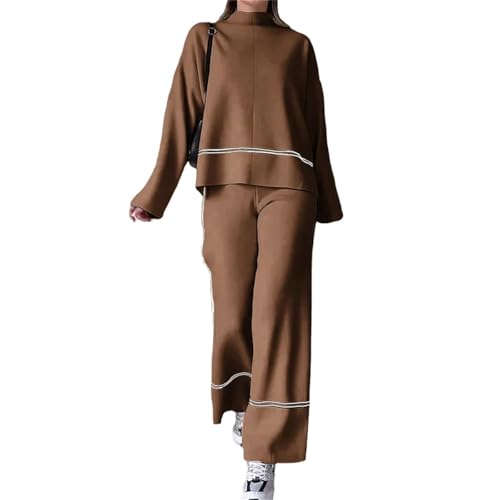 Agiyenna Damen Warme Strickanzug Loungewear Zweiteiler Strick Rundhals Langarmpullover Oberteil Stretch Hose mit Weitem Bein Hoher Taille Hose Jogginganzug Sportanzug Bequeme Farbblock Lässige Set von Agiyenna