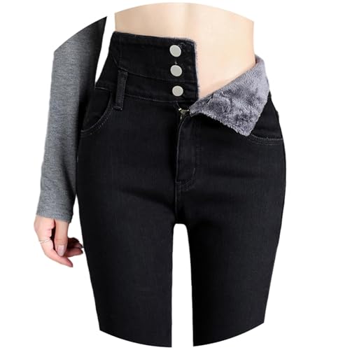 Agiyenna Damen Winter Jeanshosen Fleece Gefütterte Denim Leggings High Waist Thermohose Mode Slim Fit Jeans Freizeithose mit Taschen und Button Einfarbig Jeanshosen Casual Outdoorhose von Agiyenna