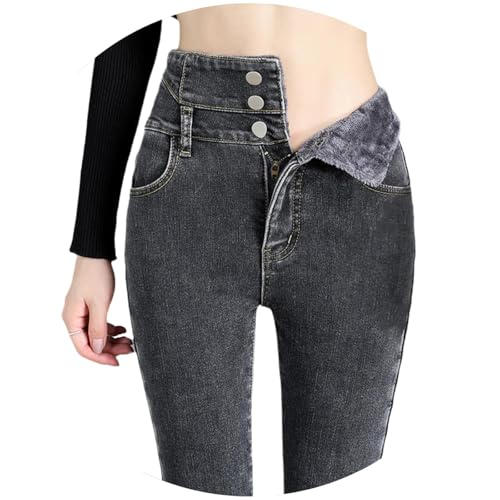 Agiyenna Damen Winter Jeanshosen Fleece Gefütterte Denim Leggings High Waist Thermohose Mode Slim Fit Jeans Freizeithose mit Taschen und Button Einfarbig Jeanshosen Casual Outdoorhose von Agiyenna