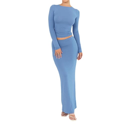 Agiyenna Damen Zweiteiler Rock Set Rundkragen Langarm Tops +Elegant Bodycon Maxi Rock Y2K Streetwear Partykleid Freizeitkleid Einfarbig Loungewear Hoher Taille Maxirock Bauchfreies Oberteil von Agiyenna