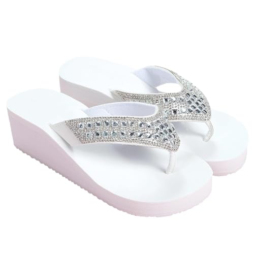Agiyenna Damenschuhe Keil Plateau Hausschuhe Schuhe mit Strasssteinen und Dicken Sohlen Elegant Zehentrenner Bequem Flip Flops Rutschfest Badeschuhe Indoor Slippers Freizeit Outdoorsandale von Agiyenna