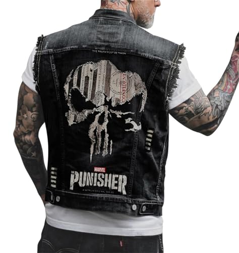 Agiyenna Herren Gilet Ärmellose Denim Weste Ärmellos Biker Fashion Freizeit Jeansjacke Totenkopf Drucken Jacke Jeansmantel Mode Oberbekleidung mit Knöpfen Outdoor Freizeit Jacke von Agiyenna