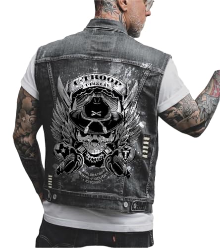 Agiyenna Herren Gilet Ärmellose Denim Weste Ärmellos Biker Fashion Freizeit Jeansjacke Totenkopf Drucken Jacke Jeansmantel Mode Oberbekleidung mit Knöpfen Outdoor Freizeit Jacke von Agiyenna