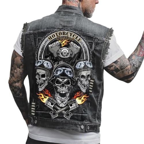 Agiyenna Herren Gilet Ärmellose Denim Weste Ärmellos Biker Fashion Freizeit Jeansjacke Totenkopf Drucken Jacke Jeansmantel Mode Oberbekleidung mit Knöpfen Outdoor Freizeit Jacke von Agiyenna