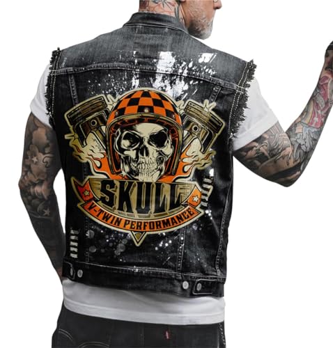 Agiyenna Herren Gilet Ärmellose Denim Weste Ärmellos Biker Fashion Freizeit Jeansjacke Totenkopf Drucken Jacke Jeansmantel Mode Oberbekleidung mit Knöpfen Outdoor Freizeit Jacke von Agiyenna