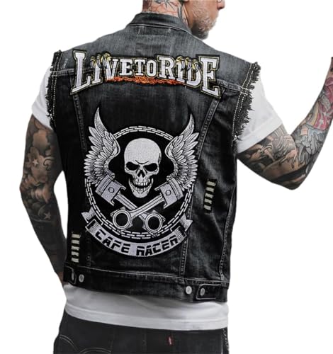 Agiyenna Herren Gilet Ärmellose Denim Weste Ärmellos Biker Fashion Freizeit Jeansjacke Totenkopf Drucken Jacke Jeansmantel Mode Oberbekleidung mit Knöpfen Outdoor Freizeit Jacke von Agiyenna